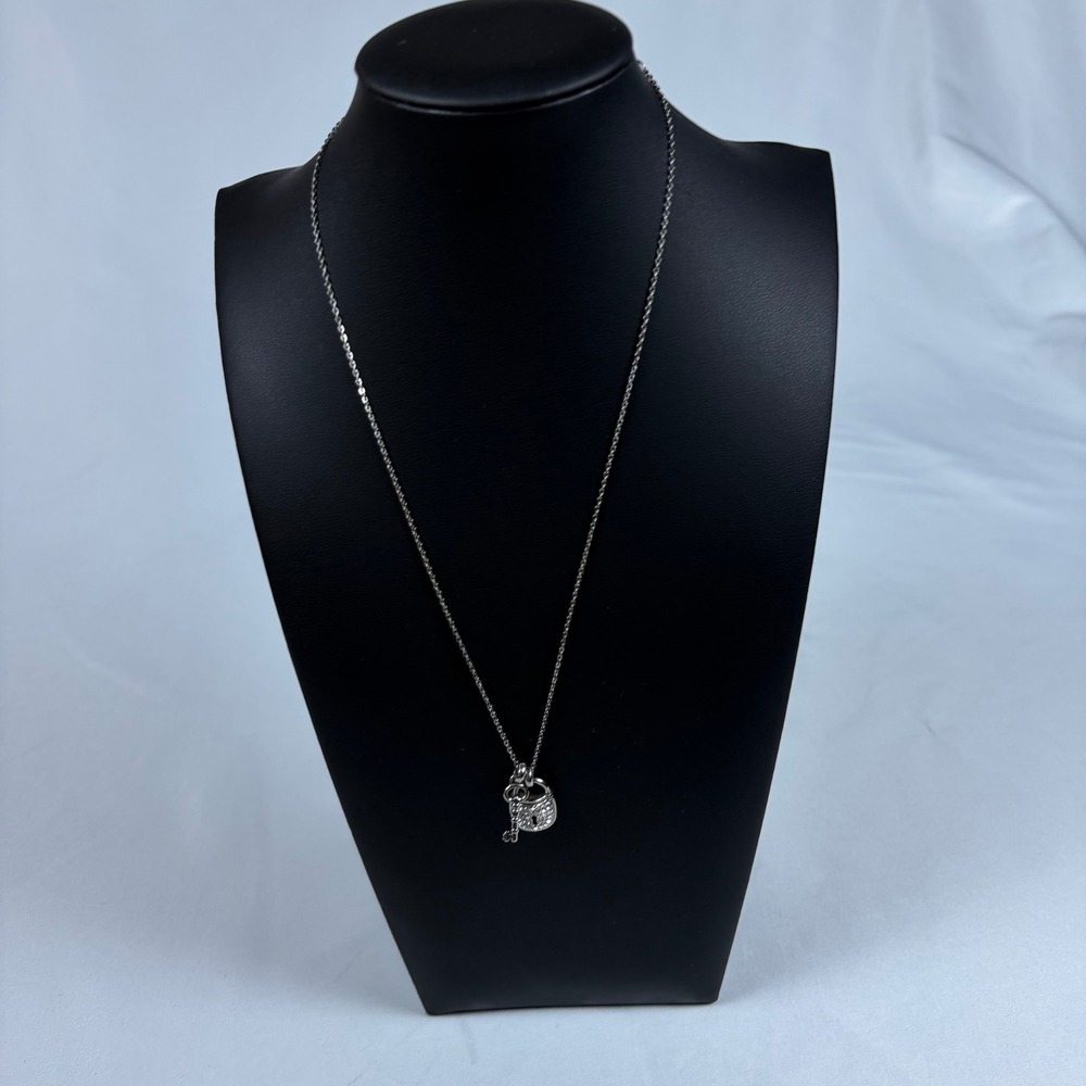 Fossil Silver Tone Pave Crystal Lock and Key Pendant Necklace Adjustable Chain